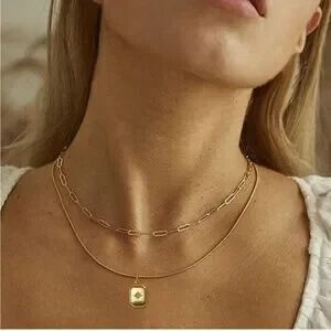 Gold 14k Gold Plated 2pc Chain Bar CZ Necklace Set